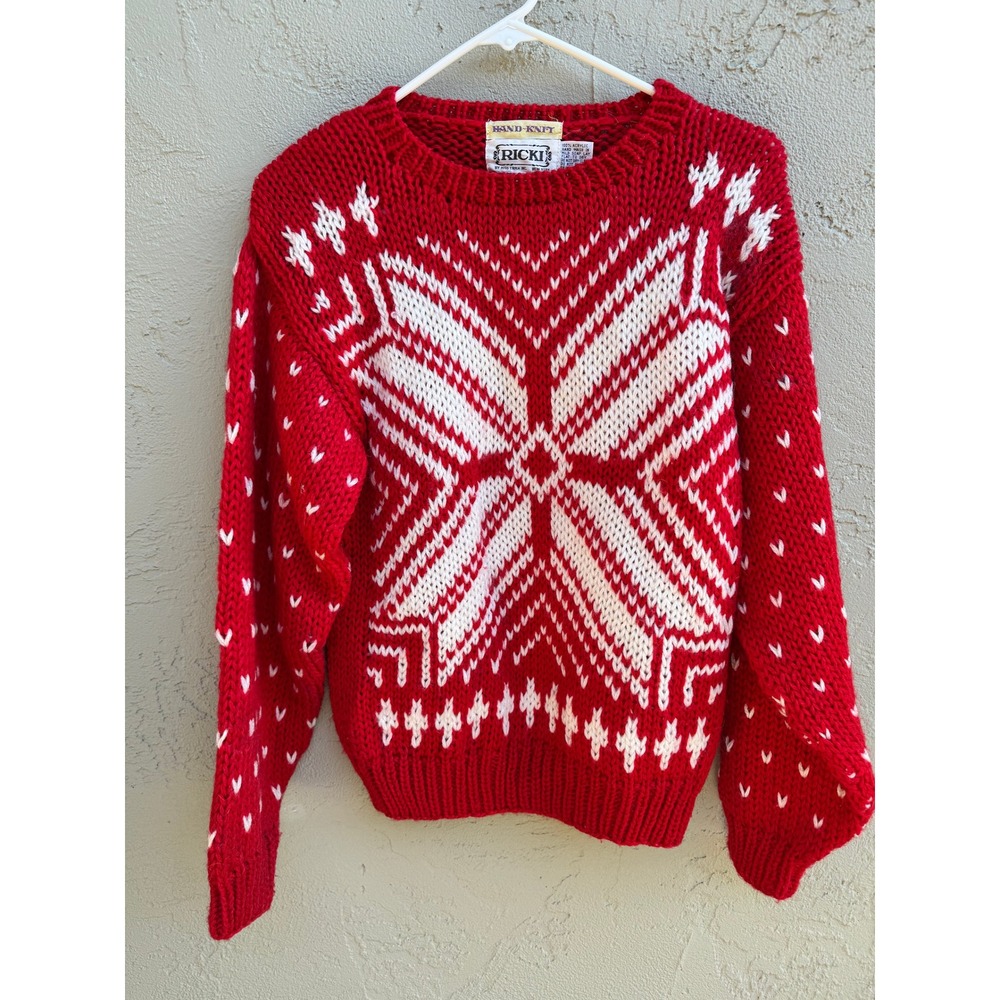 RICKI Vintage Knit Winter Cabincore Snowflake Winter Knit Red & White Sweater